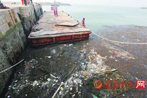 15日，轮渡码头的海面上漂了不少生活垃圾。 杨广帅 摄