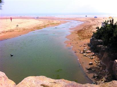 石老人浴场黑水河流入大海 恶臭难闻垃圾成堆