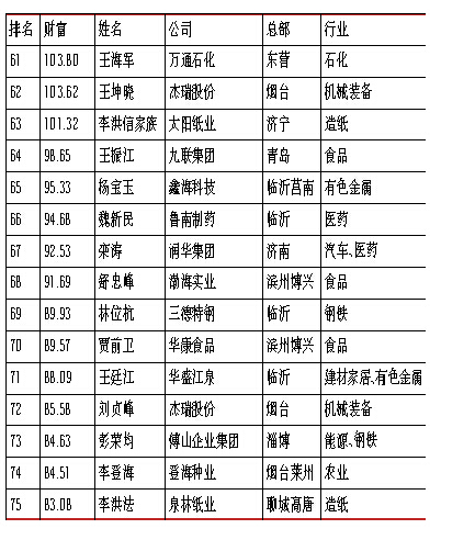 2015年山东富豪榜出炉 魏桥集团张士平成首富